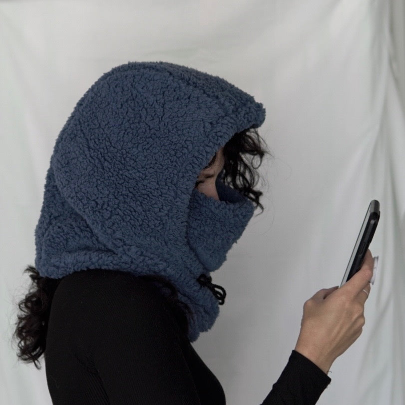 Handmade sherpa hoodie balaclava with a cozy, oversized fit—featuring a soft texture, built-in hood, and snug face coverage for warmth and comfort.