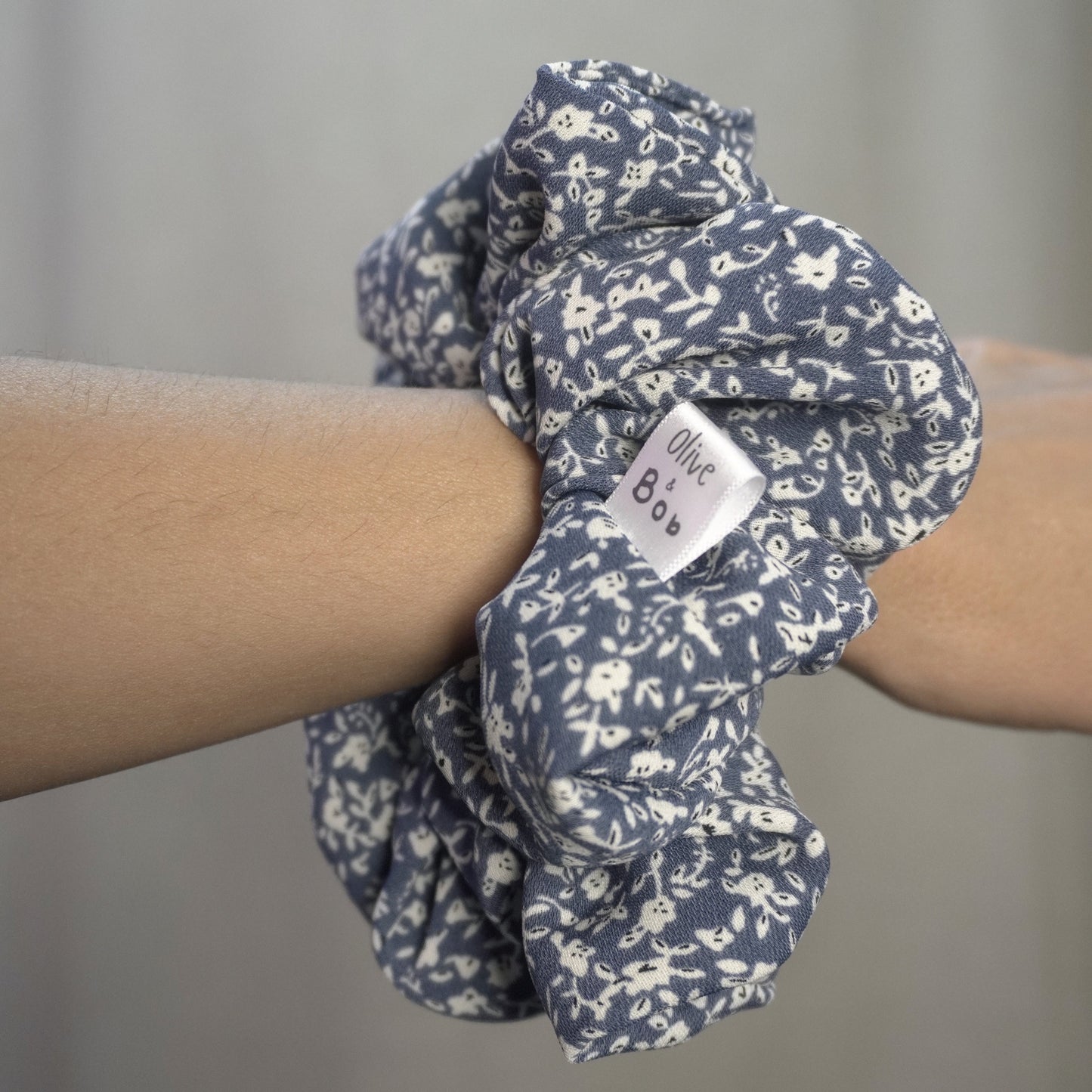 Blue scrunchie with white floral print