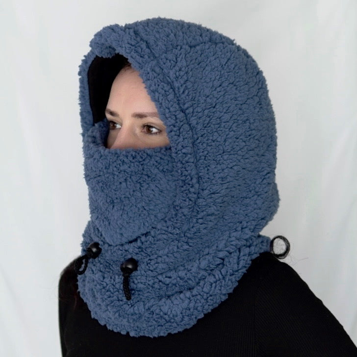 Handmade sherpa hoodie balaclava with a cozy, oversized fit—featuring a soft texture, built-in hood, and snug face coverage for warmth and comfort.