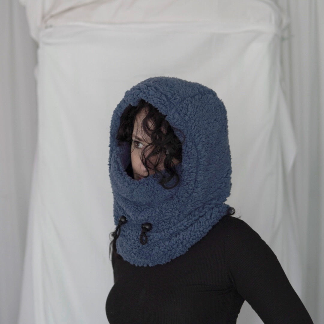 Handmade sherpa hoodie balaclava with a cozy, oversized fit—featuring a soft texture, built-in hood, and snug face coverage for warmth and comfort.