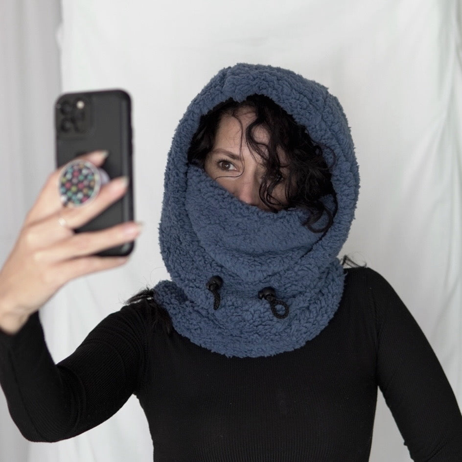 Handmade sherpa hoodie balaclava with a cozy, oversized fit—featuring a soft texture, built-in hood, and snug face coverage for warmth and comfort.