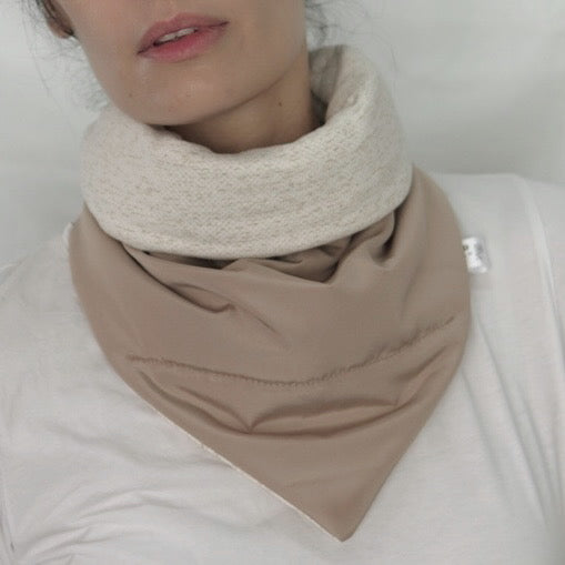 Reversible quilted shawl in soft sand-toned cotton and oat-hued linen, designed for effortless layering with a natural, textured finish.