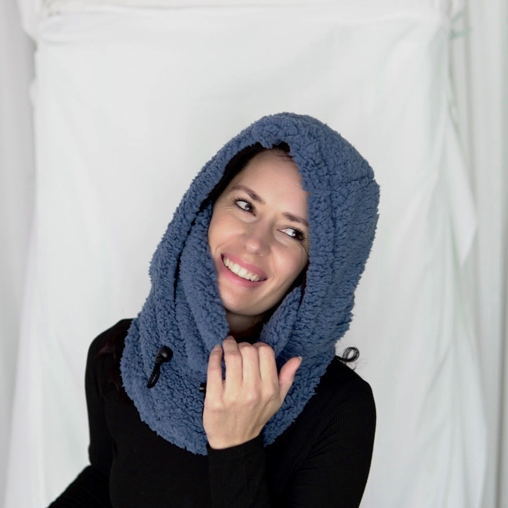 Handmade sherpa hoodie balaclava with a cozy, oversized fit—featuring a soft texture, built-in hood, and snug face coverage for warmth and comfort.