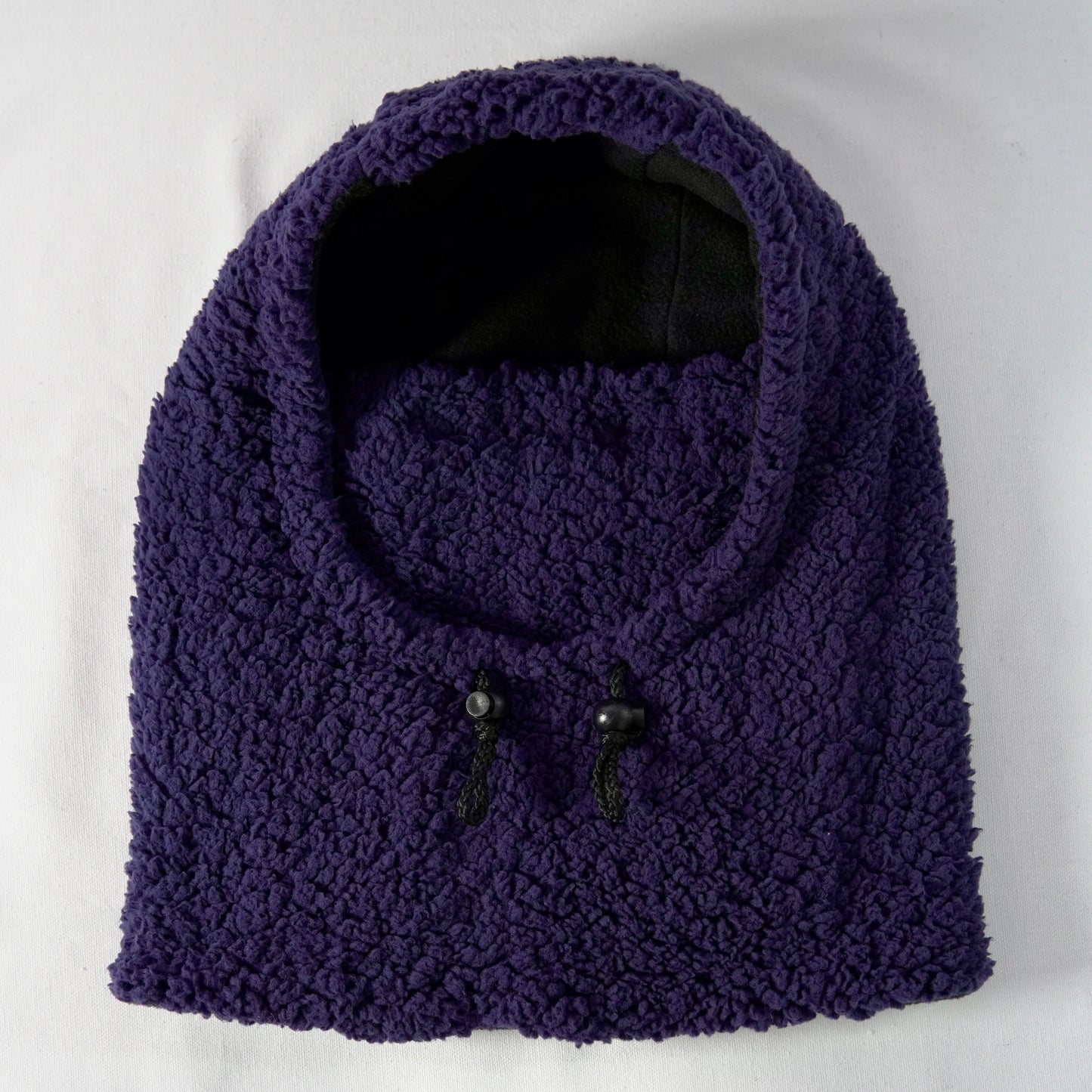 Handmade sherpa hoodie balaclava with a cozy, oversized fit—featuring a soft texture, built-in hood, and snug face coverage for warmth and comfort.