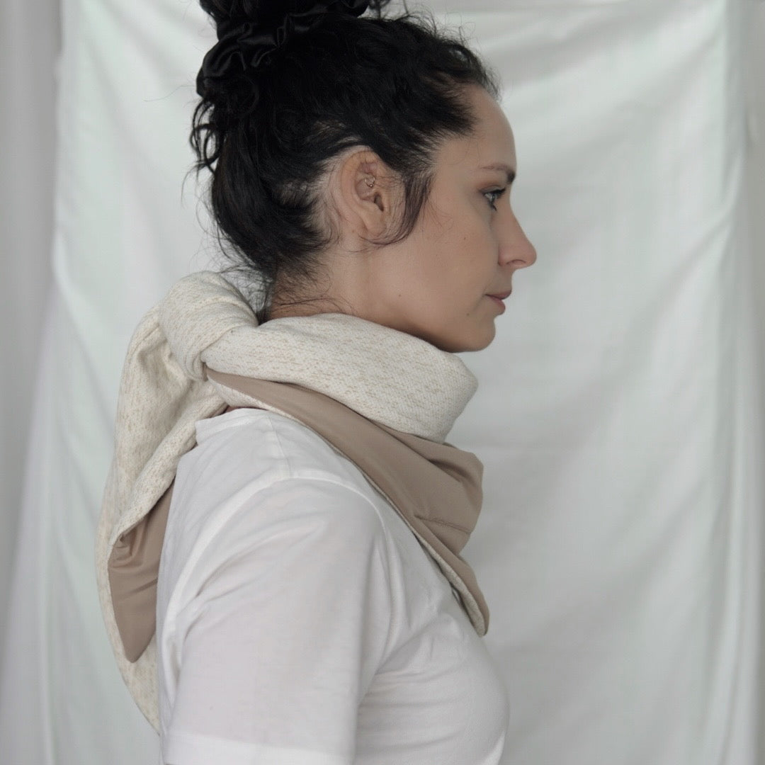 Reversible quilted shawl in soft sand-toned cotton and oat-hued linen, designed for effortless layering with a natural, textured finish.