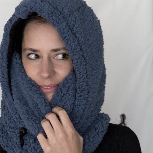 Handmade sherpa hoodie balaclava with a cozy, oversized fit—featuring a soft texture, built-in hood, and snug face coverage for warmth and comfort.